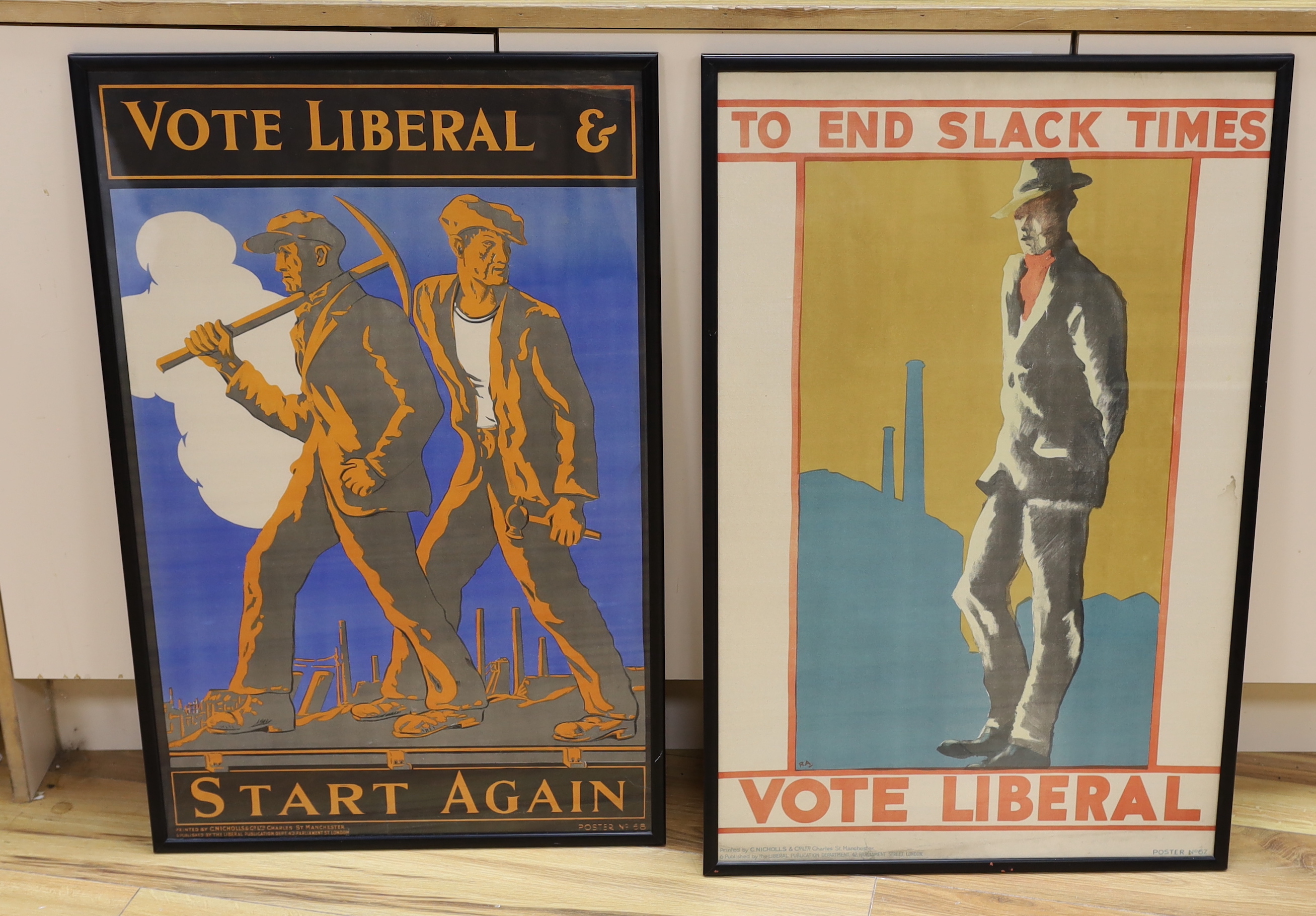 Two Liberal Party propaganda posters, 'To end slack times, vote Liberal' and 'Vote Liberal and Start again', printed by C. Nichols & Co., publ. by the Liberal Publication Department, each 76 x 48cm